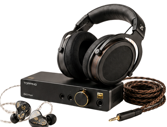Headphones, DAC, in-ear monitors, and a braided audio cable